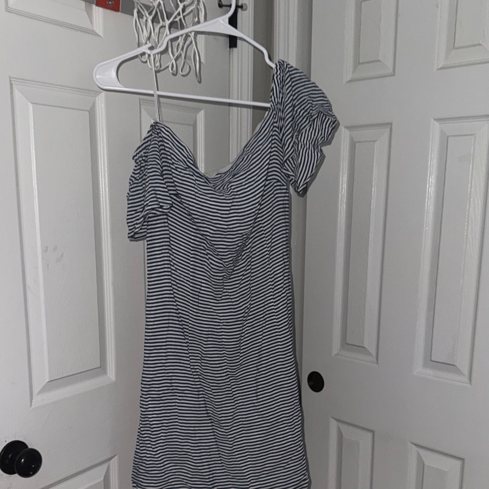 bebe Navy and White Striped Off-Shoulder Dress